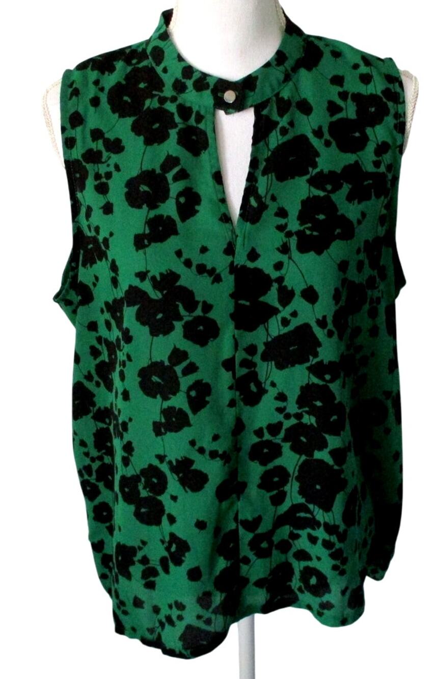 Worthington Women's Green & Black Floral Print Sleeveless Lightweight Shirt Lg.